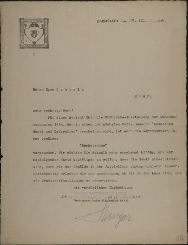 Maschinenschriftlicher Brief von Alexander Koch/Deutsche Kunst und Dekoration an Egon Schiele 