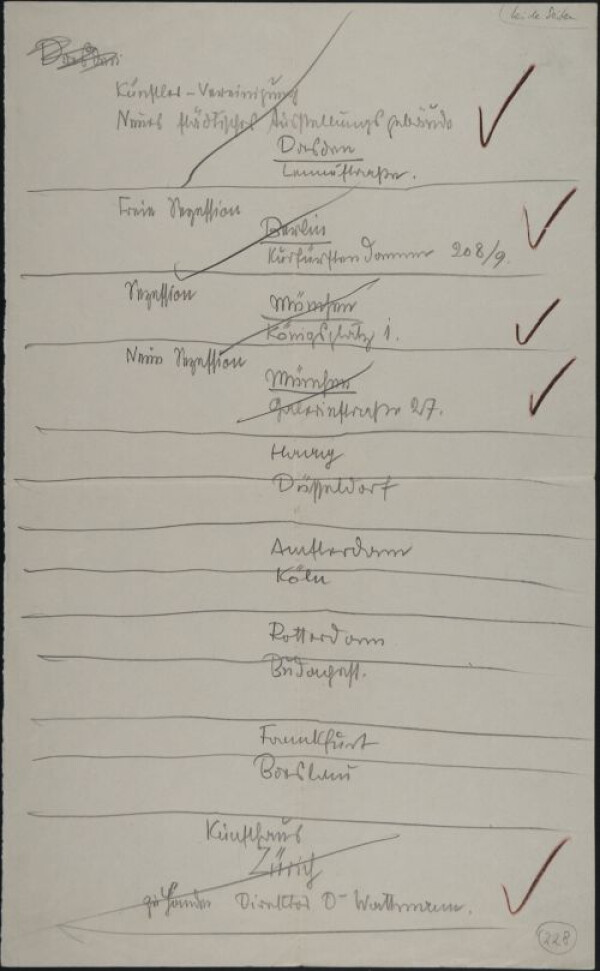 Liste von Egon Schiele mit Adressen von Ausstellungshäusern 