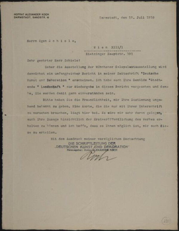 Maschinenschriftlicher Brief von Alexander Koch/Deutsche Kunst und Dekoration an Egon Schiele 