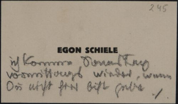 Visitkarte von Egon Schiele mit einer Notiz, vermutlich für Marie Schiele 