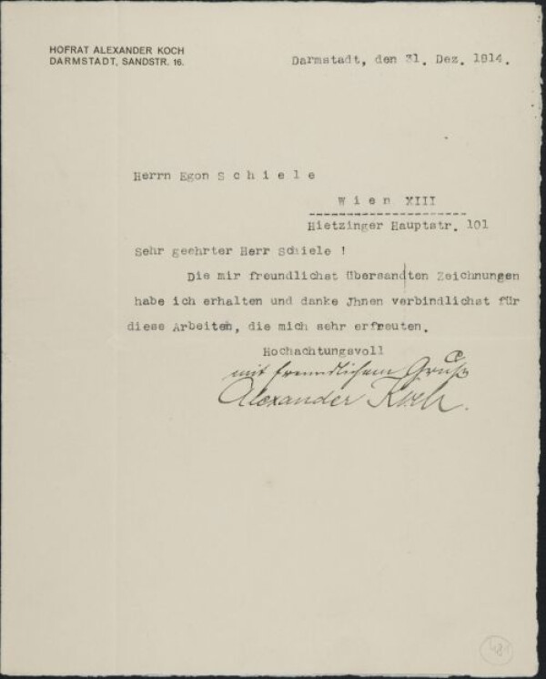 Maschinenschriftlicher Brief von Alexander Koch/Deutsche Kunst und Dekoration an Egon Schiele 