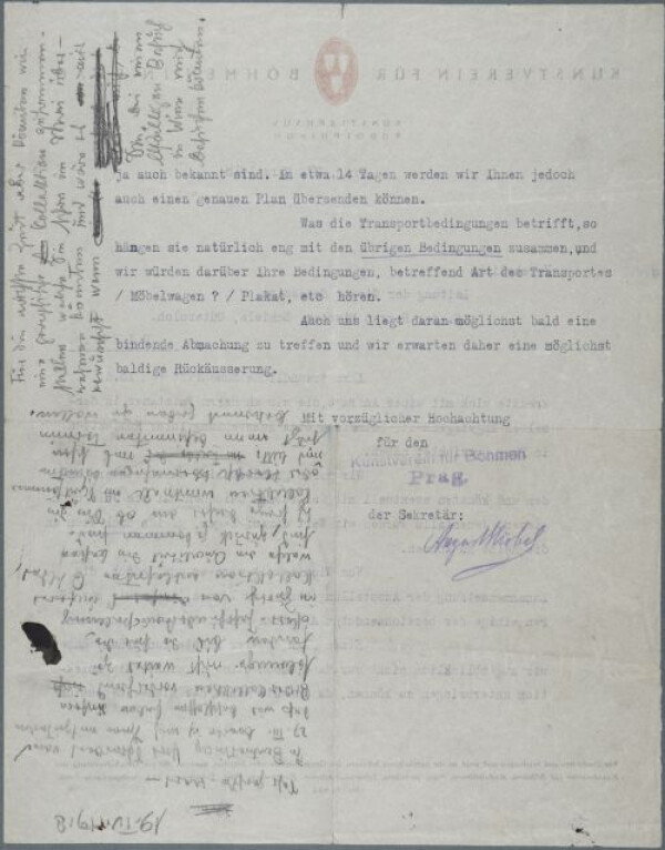 Draft for a letter from Egon Schiele to the Bohemian Kunstverein in Prague/Künstlerhaus Rudolphinum 