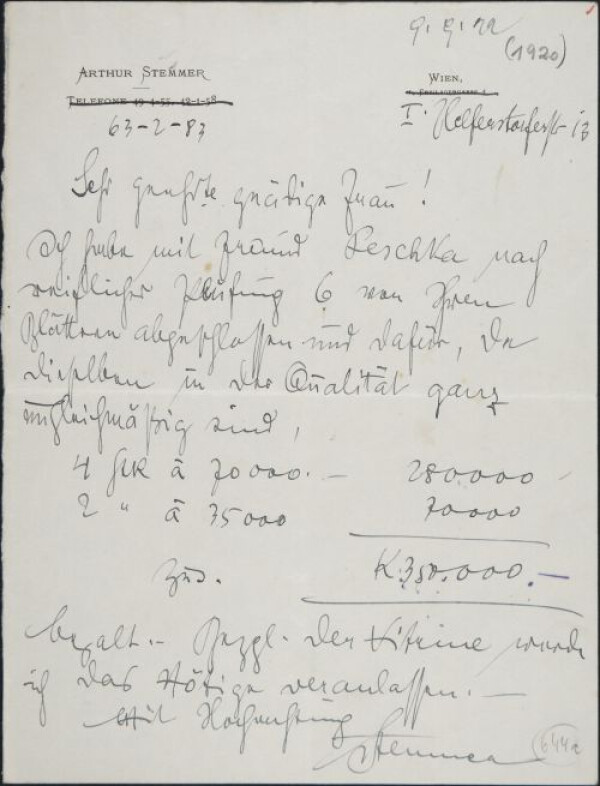 Brief von Arthur Stemmer an Marie Schiele 