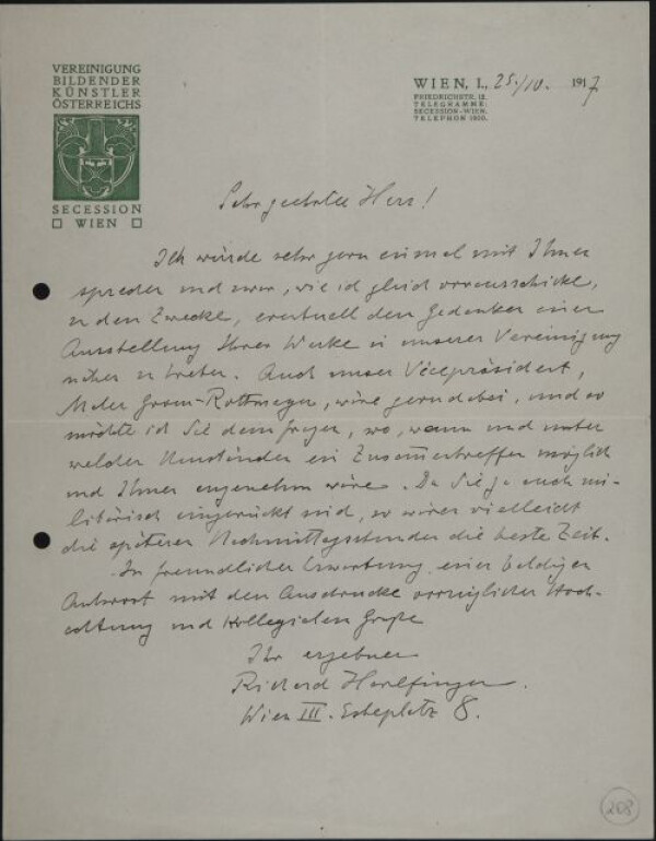 Brief von Richard Harlfinger/Wiener Secession an Egon Schiele 