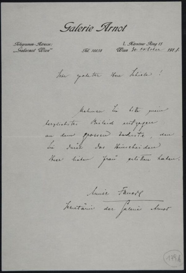 Kondolenzschreiben von Annie Fanerl/Sekretärin der Galerie Arnot an Egon Schiele zum Tod von Edith Schiele 