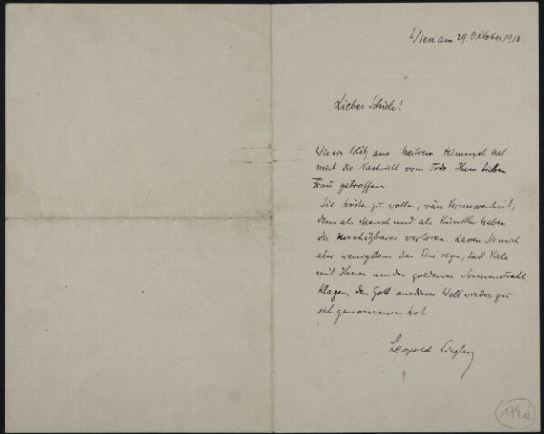 Kondolenzschreiben von Leopold Liegler an Egon Schiele zum Tod von Edith Schiele 