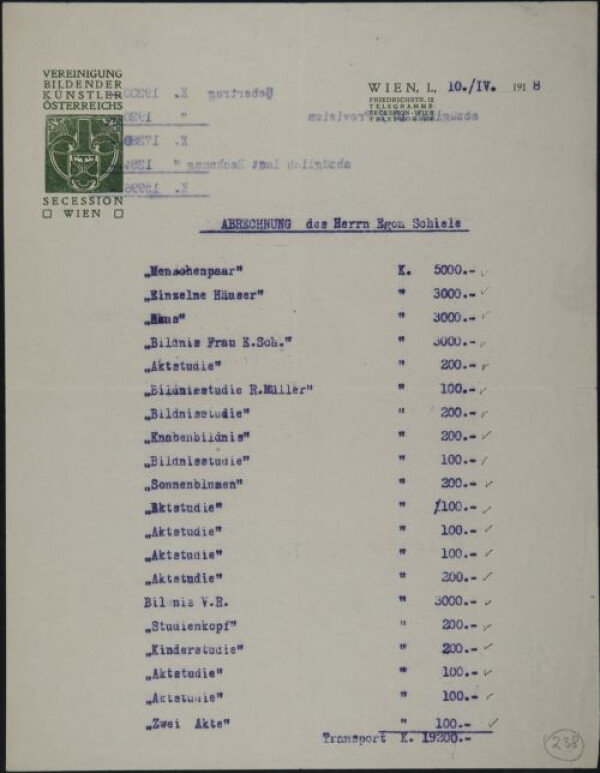 Maschinenschriftlicher Brief von Rudolf Lechner/Wiener Secession inkl. Abrechnung an Egon Schiele Bild 2