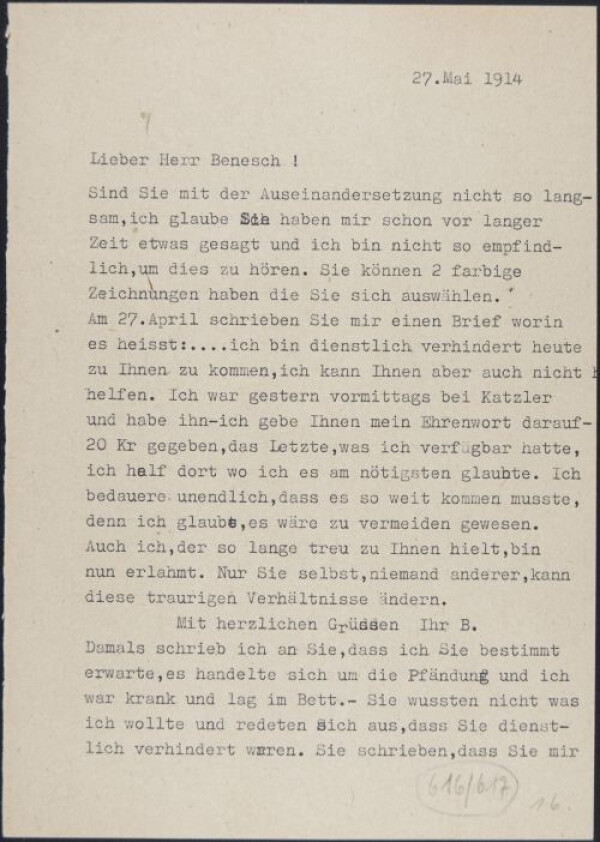 Brief von Egon Schiele an Heinrich Benesch 