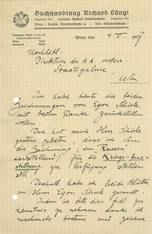 Brief von Richard Lányi an die Österreichische Staatsgalerie 