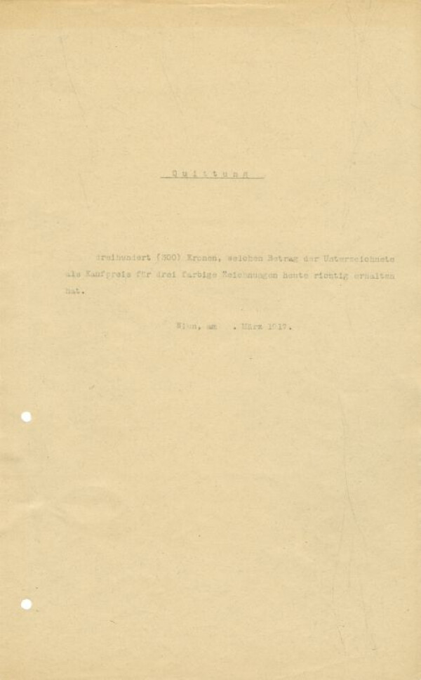 Maschinenschriftliche Quittung der k. k. Österreichischen Staatsgalerie an Egon Schiele 