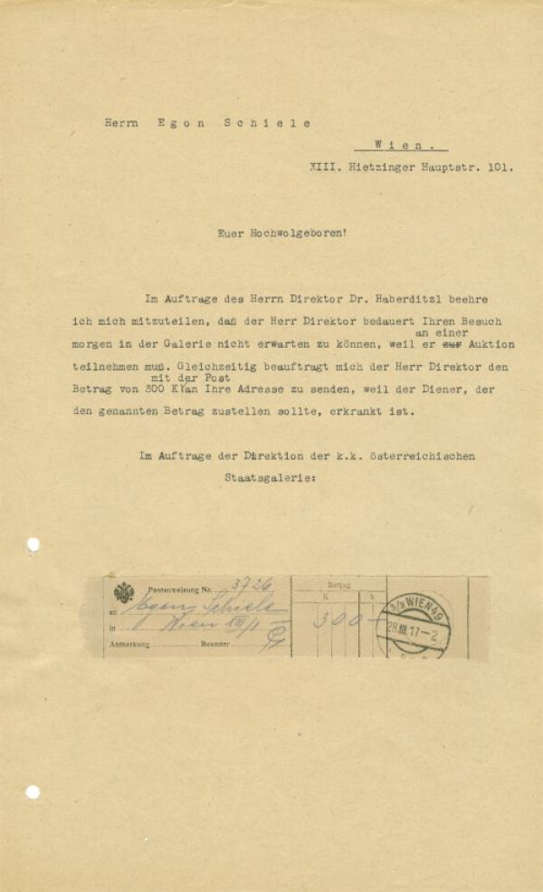 Maschinenschriftlicher Brief der k. k. Österreichischen Staatsgalerie an Egon Schiele (Durchschlag) 