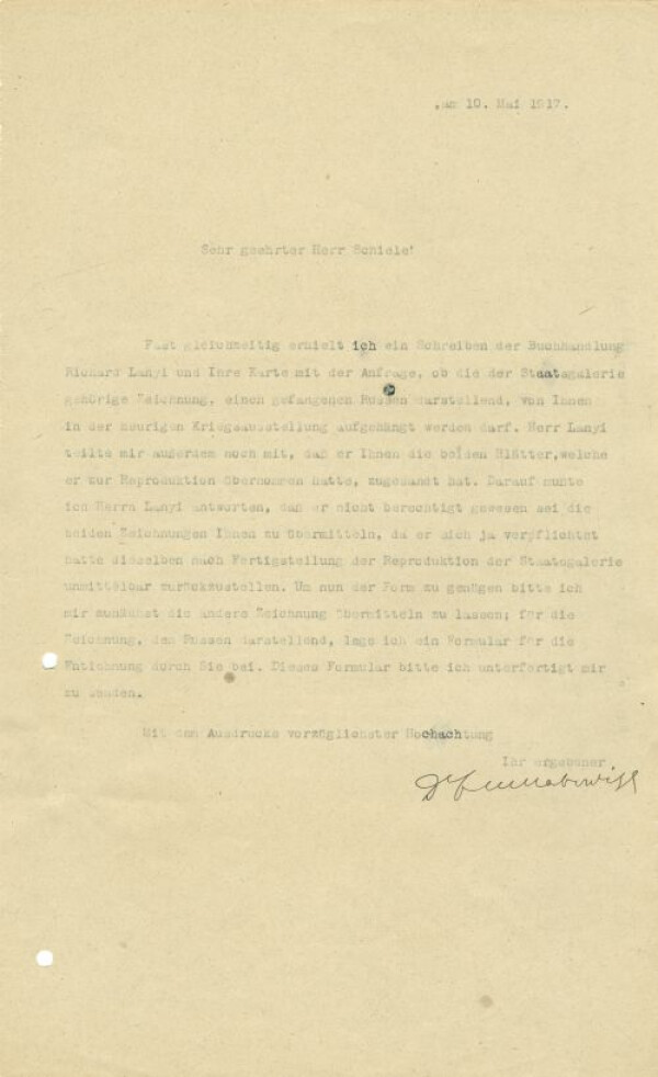 Maschinenschriftlicher Brief von Franz Martin Haberditzl an Egon Schiele (Durchschlag) 