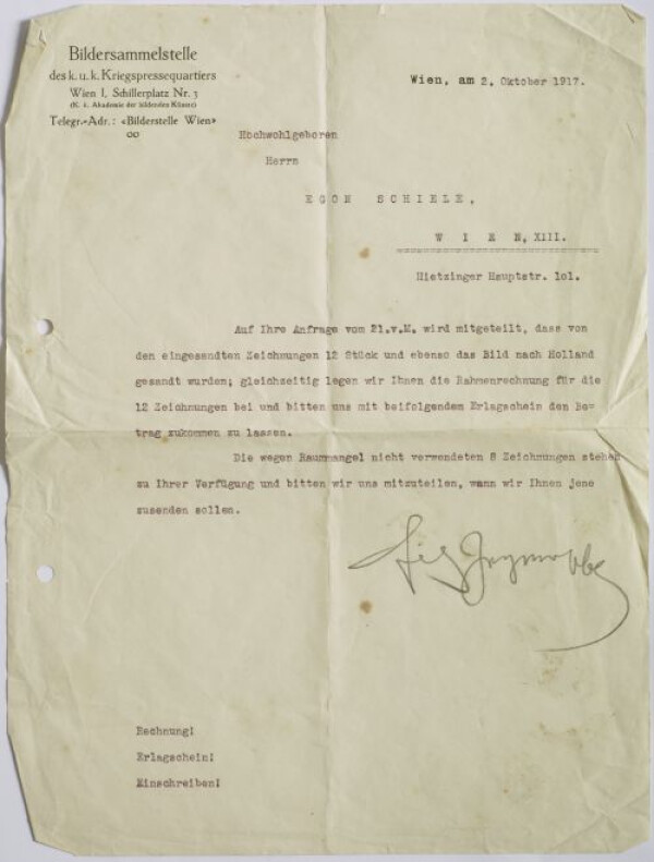 Brief der Bildersammelstelle des k. u. k. Kriegspressequartiers an Egon Schiele 