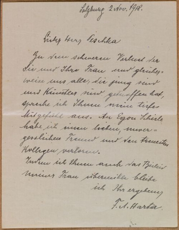 Kondolenzschreiben von Felix Albrecht Harta an Anton Peschka zum Tod von Egon Schiele Bild 1