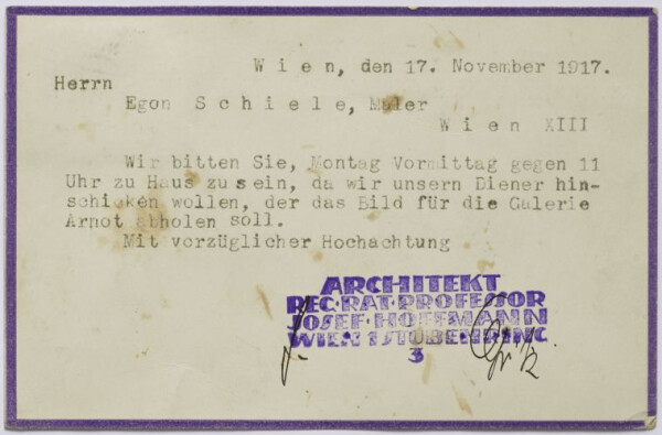 Postkarte von Josef Hoffmann an Egon Schiele Bild 1