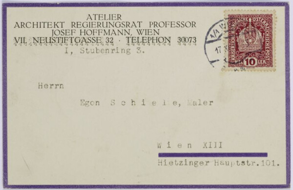 Postkarte von Josef Hoffmann an Egon Schiele Bild 2