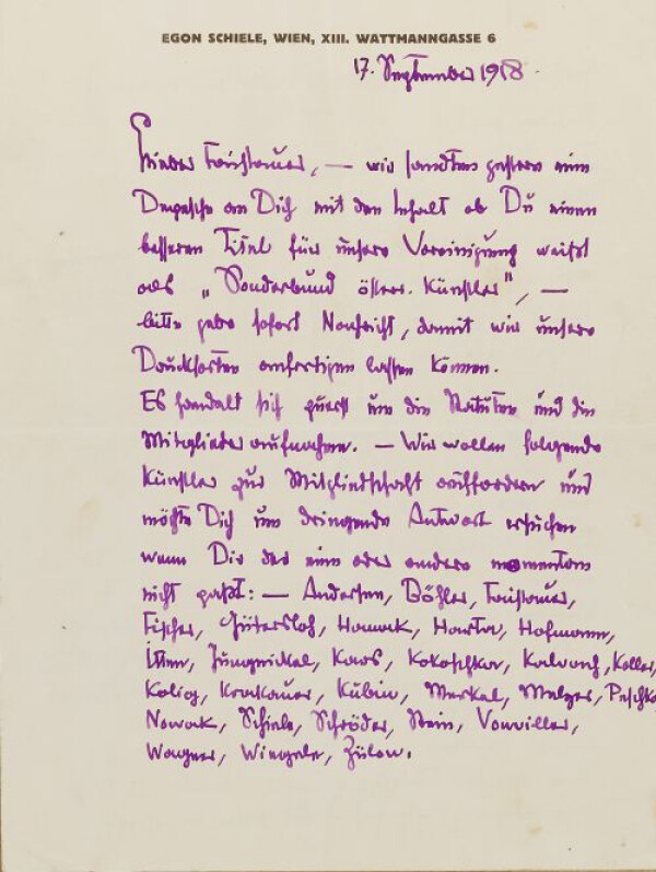 Brief von Egon Schiele an Anton Faistauer 