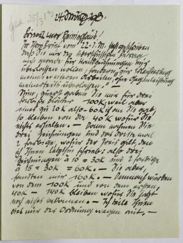 Brief von Egon Schiele an Carl Reininghaus 