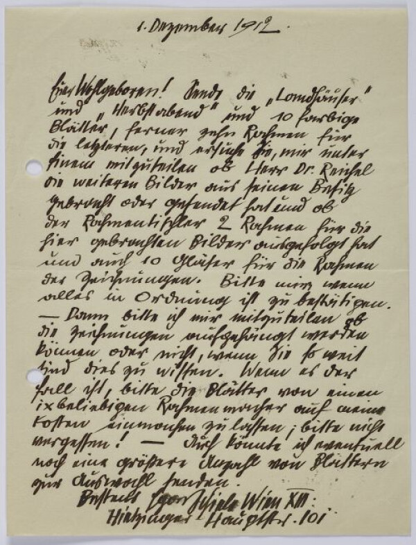 Brief von Egon Schiele an Unbekannt 