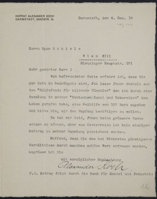 Maschinenschriftlicher Brief von Alexander Koch/Deutsche Kunst und Dekoration an Egon Schiele 