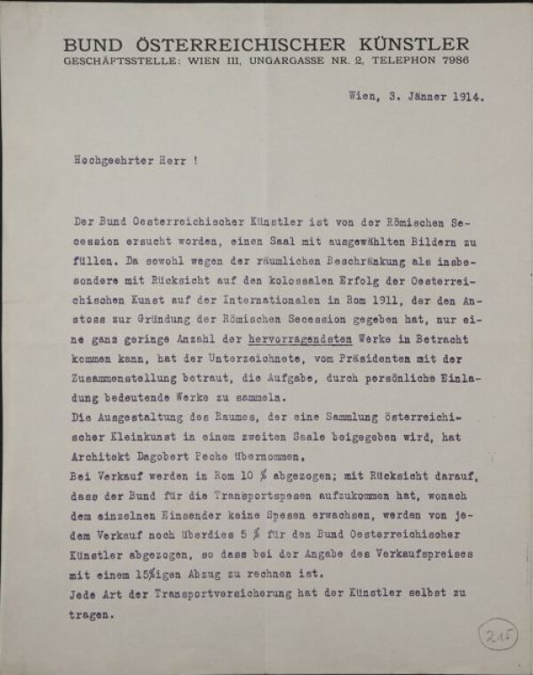 Maschinenschriftlicher Brief von Rudolf Junk/Bund Österreichischer Künstler an Egon Schiele 