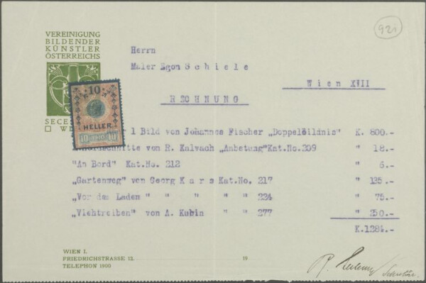 Maschinenschriftliche Rechnung von Rudolf Lechner/Wiener Secession an Egon Schiele 