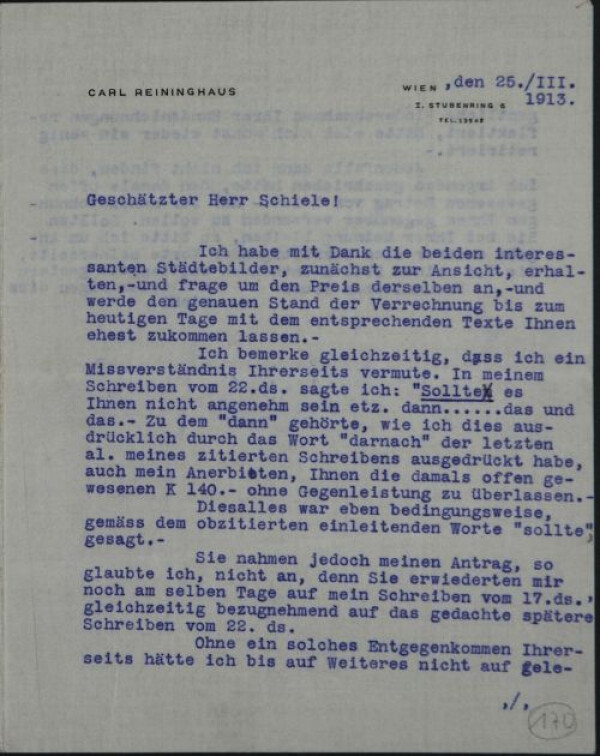 Maschinenschriftlicher Brief von Carl Reininghaus an Egon Schiele 