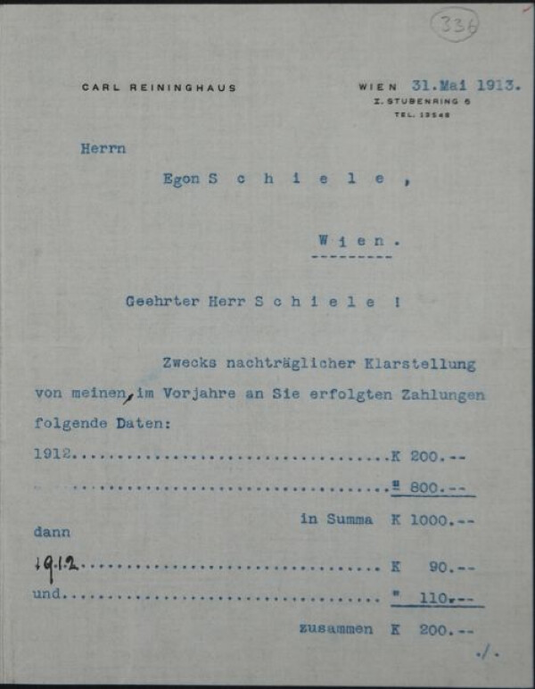 Maschinenschriftlicher Brief von Carl Reininghaus an Egon Schiele 