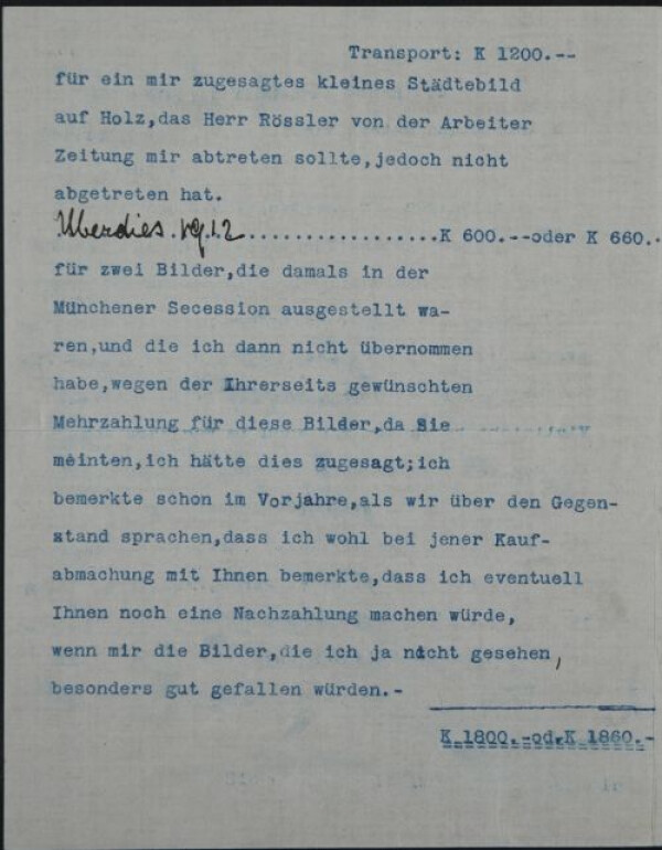 Maschinenschriftlicher Brief von Carl Reininghaus an Egon Schiele Bild 2