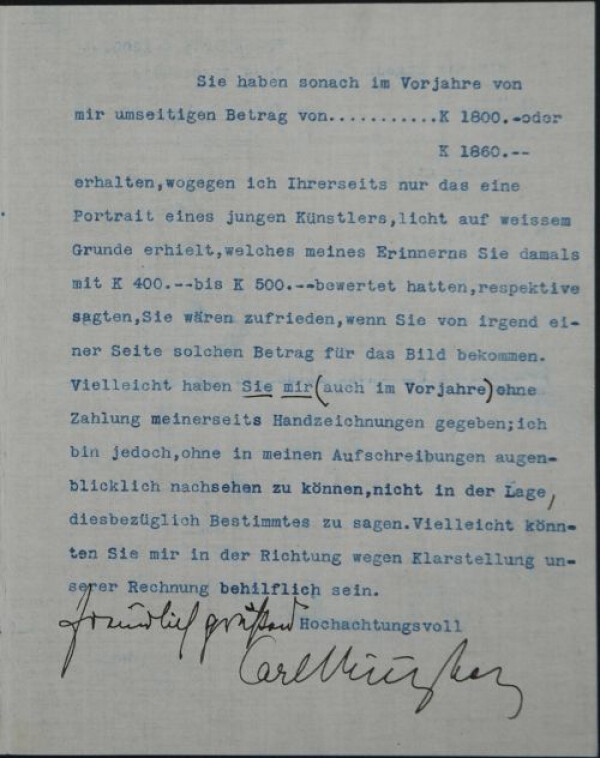 Maschinenschriftlicher Brief von Carl Reininghaus an Egon Schiele Bild 3