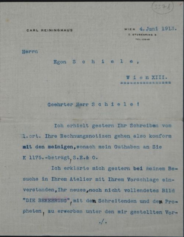 Maschinenschriftlicher Brief von Carl Reininghaus an Egon Schiele 