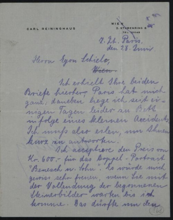 Brief von Carl Reininghaus an Egon Schiele 