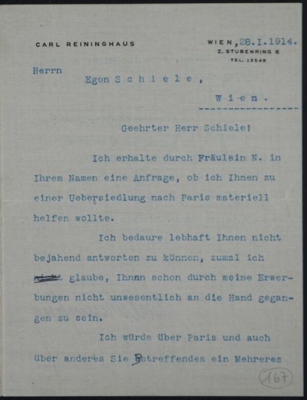 Maschinenschriftlicher Brief von Carl Reininghaus an Egon Schiele 