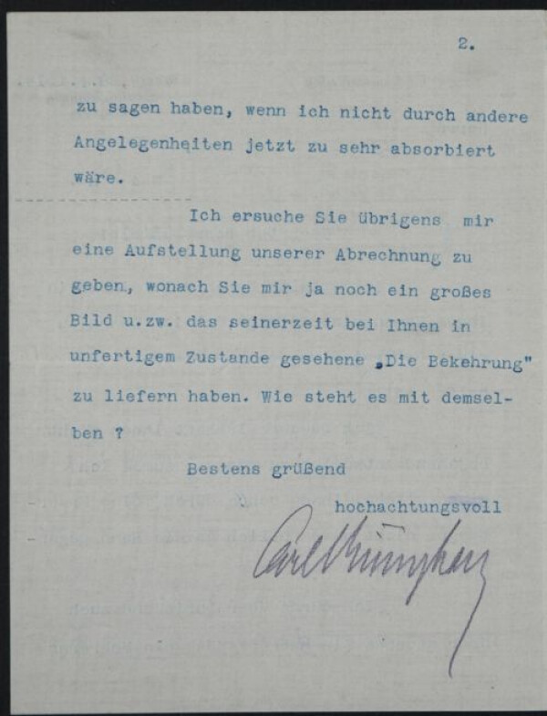 Maschinenschriftlicher Brief von Carl Reininghaus an Egon Schiele Bild 2