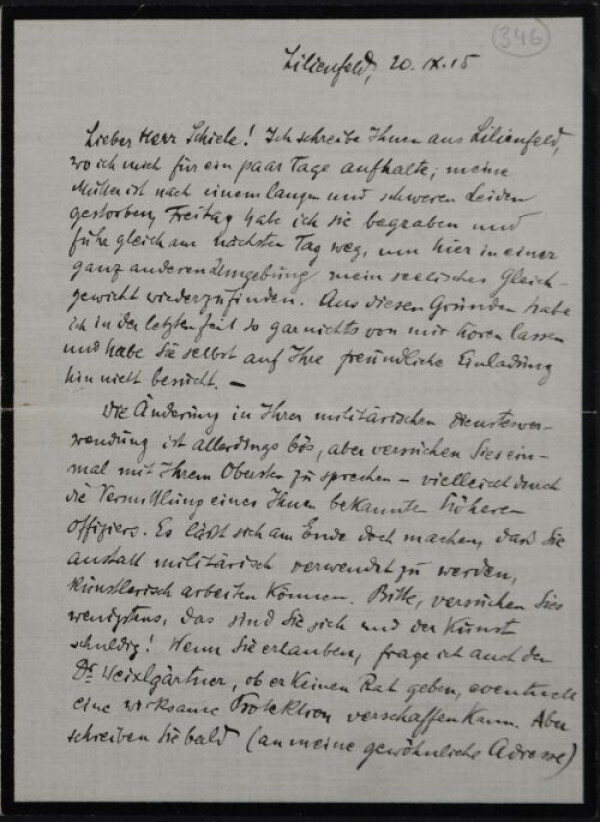 Brief von Leopold Liegler an Egon Schiele 