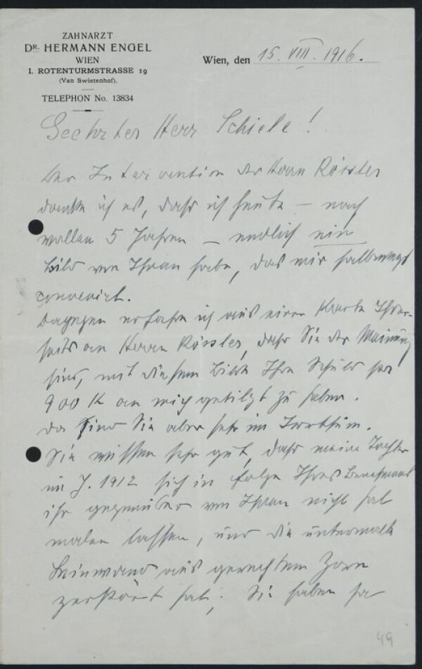 Brief von Hermann Engel an Egon Schiele 