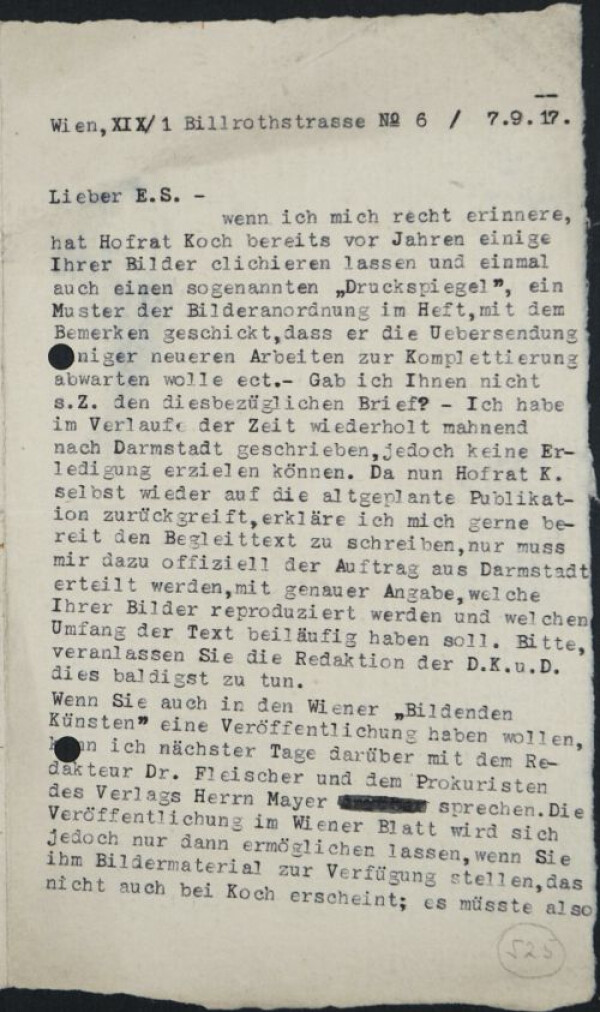 Maschinenschriftlicher Brief von Arthur Roessler an Egon Schiele 