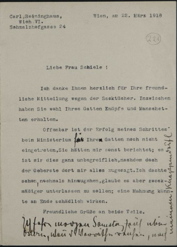 Maschinenschriftlicher Brief von Carl Reininghaus an Edith Schiele 