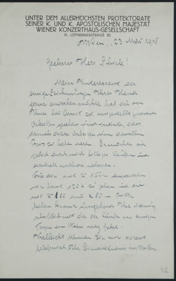 Brief von Josef Krzicek an Egon Schiele 