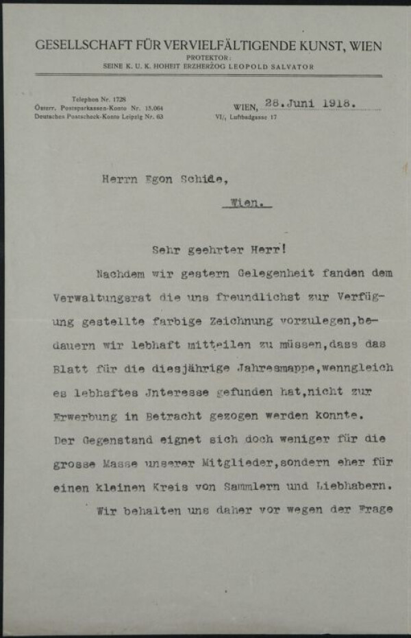 Brief von Artur Gradmann/Gesellschaft für vervielfältigende Kunst an Egon Schiele 