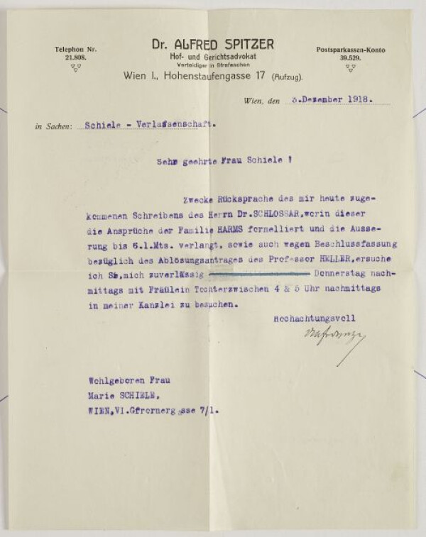 Brief von Alfred Spitzer an Marie Schiele Bild 1