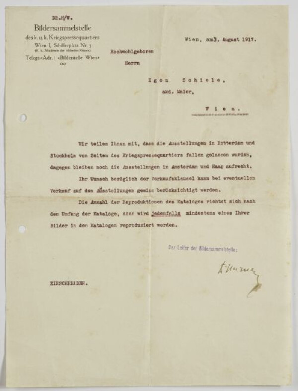 Brief vom Leiter der Bildersammelstelle des k. u. k. Kriegspressequartiers Wien Akademie der bildenden Künste an Egon Schiele 