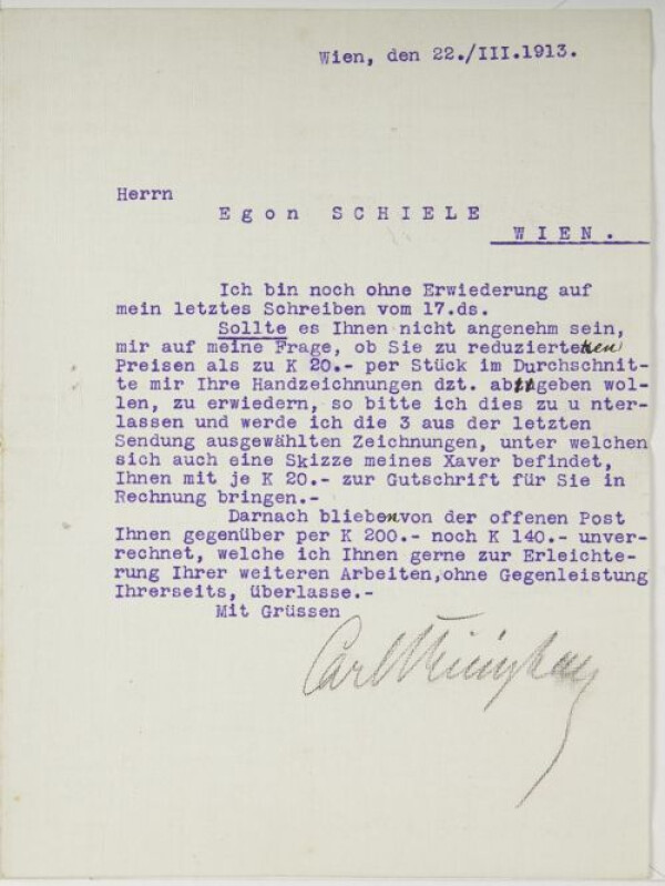 Brief von Carl Reininghaus an Egon Schiele 