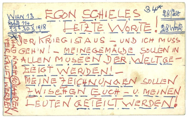 Notiz von Adele Harms über Egon Schieles letzte Worte 